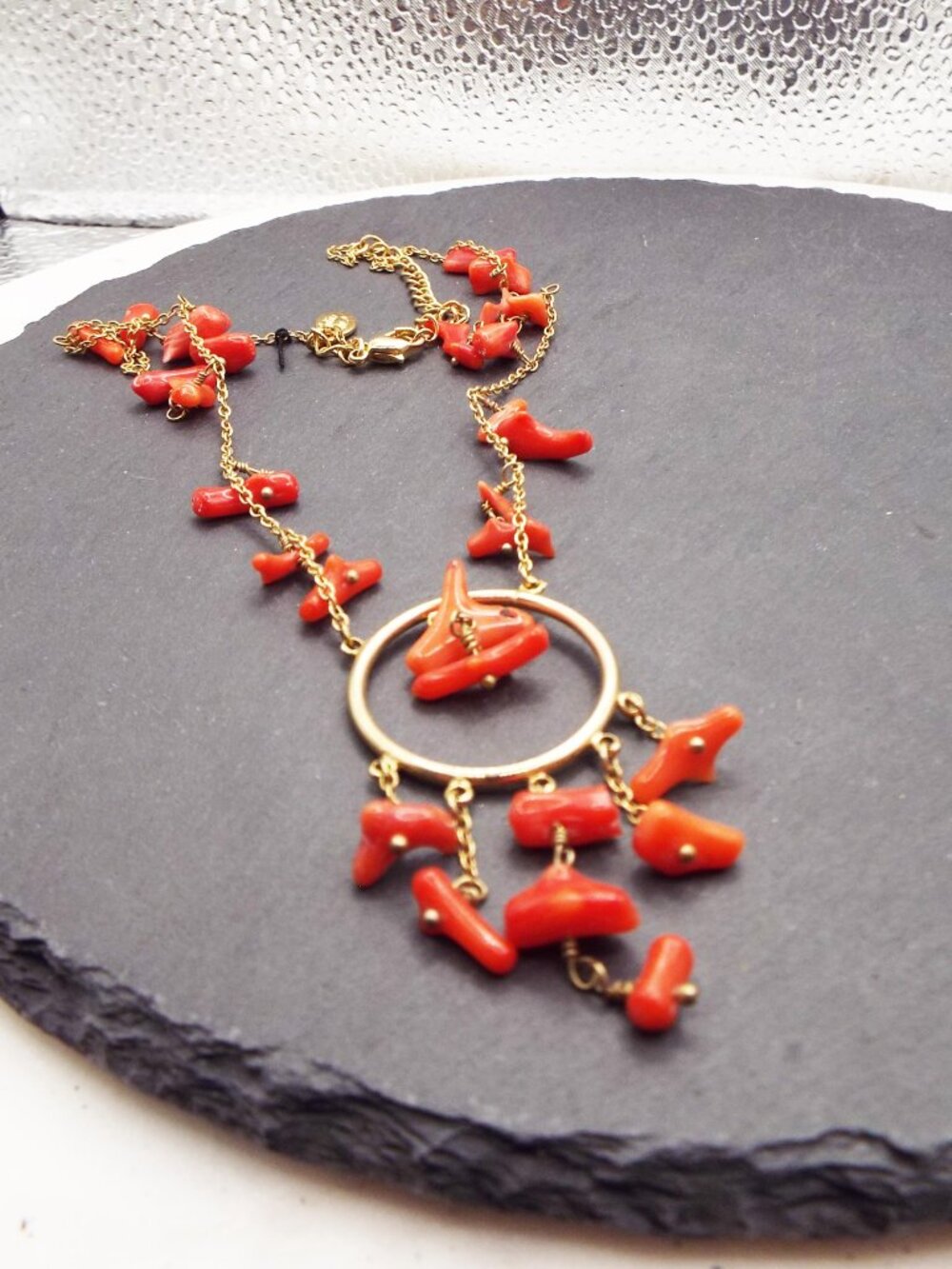 COOKIE LEE NATURAL RED CORAL DANGLING HOOP NECKLACE 1 - Picture 3 of 3